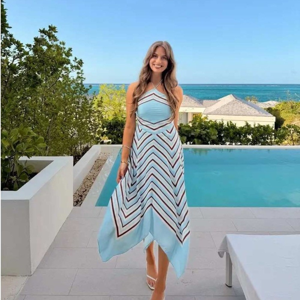 SIMKHAI Hera Halter Midi Dress Blue Chevron Striped Silk Blend Handkerchief Sz M - Picture 5 of 16